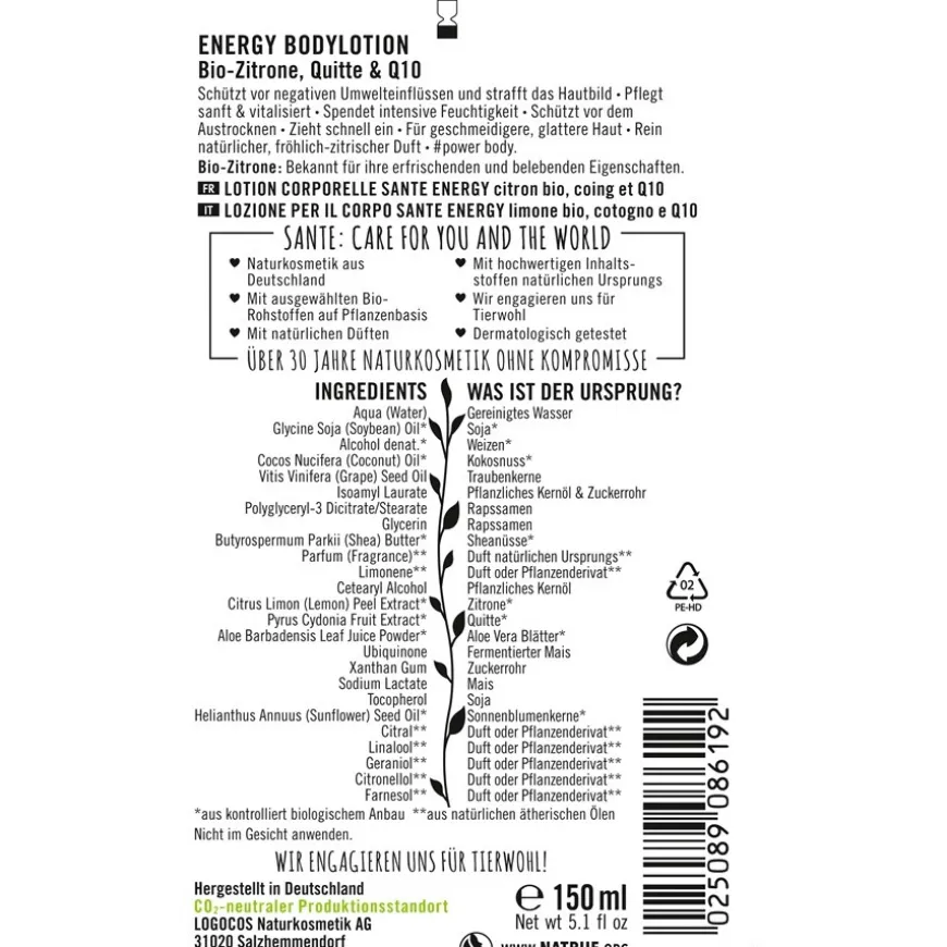 Energy Body Lotion Biologische Citroen & Kweepeer & Q10