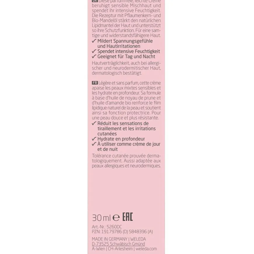 Hydraterende Gevoelige Crème Licht Amandel, Geurvrij met biologische amandelolie voor de gevoelige gemengde huid