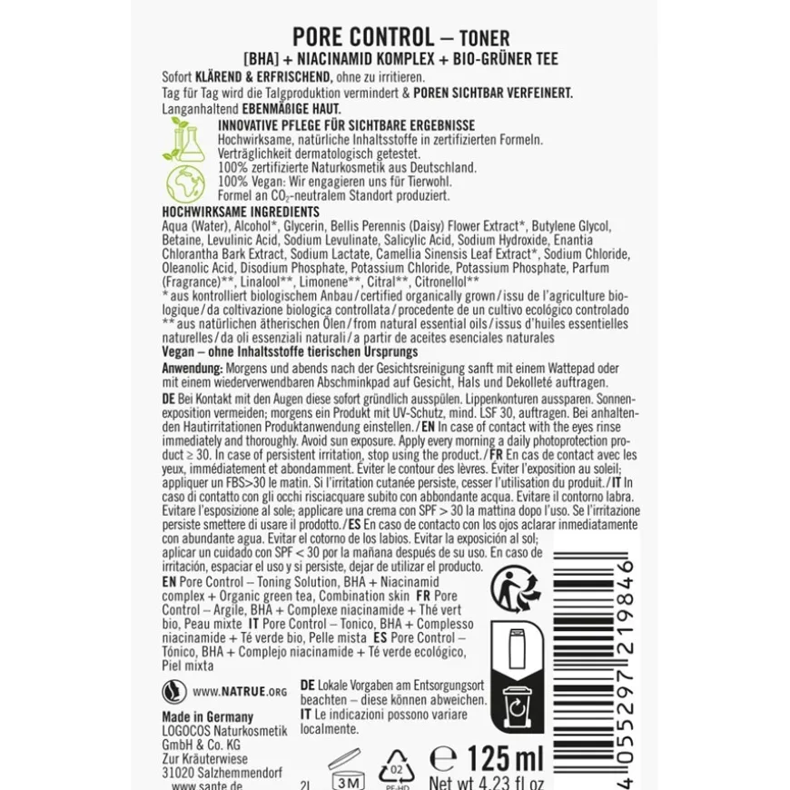 Toner tegen poriën met BHA, niacinamide complex & organische groene thee